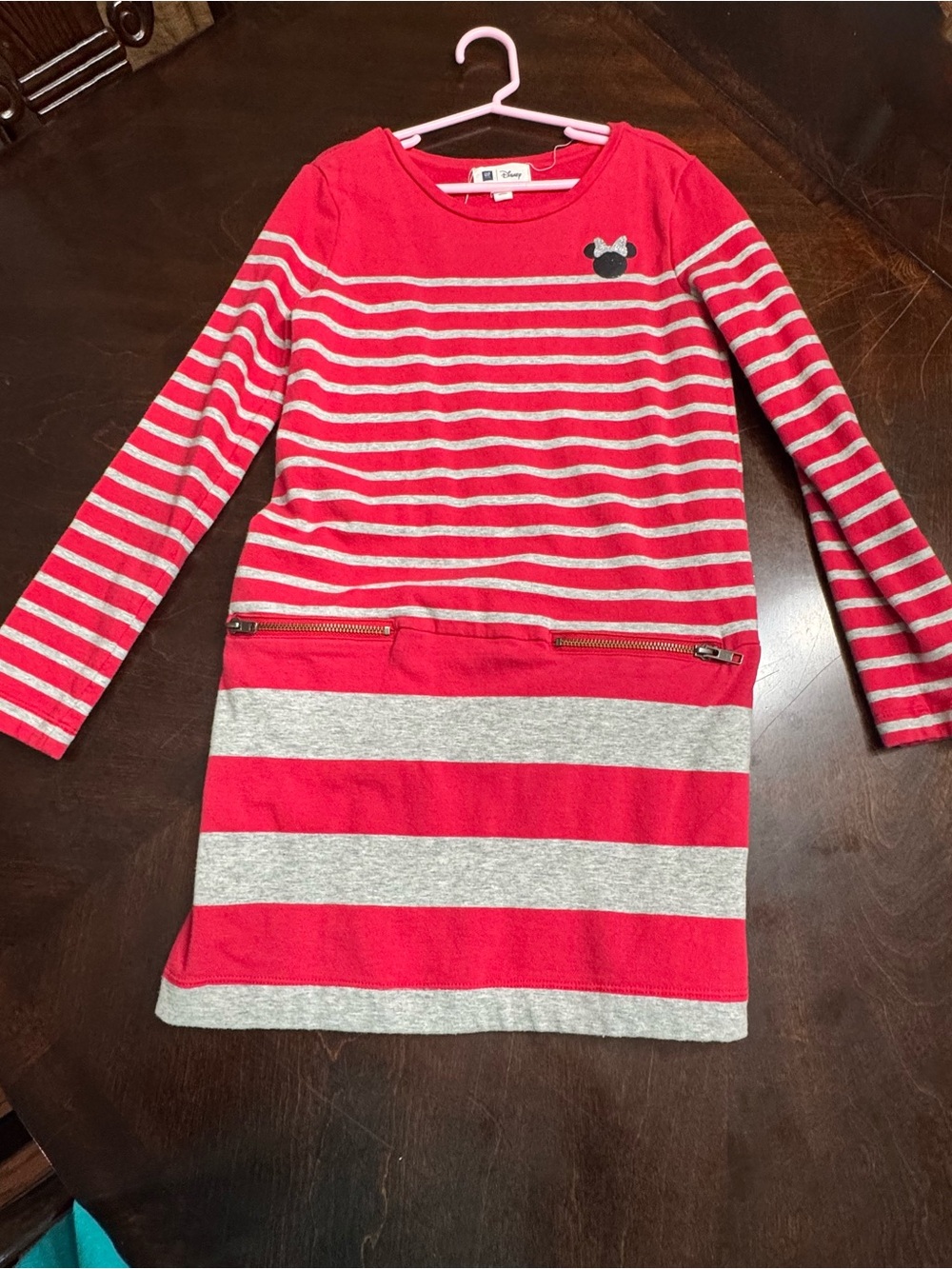 GAP Red and Heather Gray Striped Long-Sleeve Kids Dress with Minnie Mouse